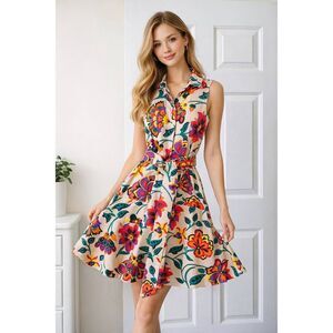 Sara roka Sleeveless Floral Print Belted Dress 38